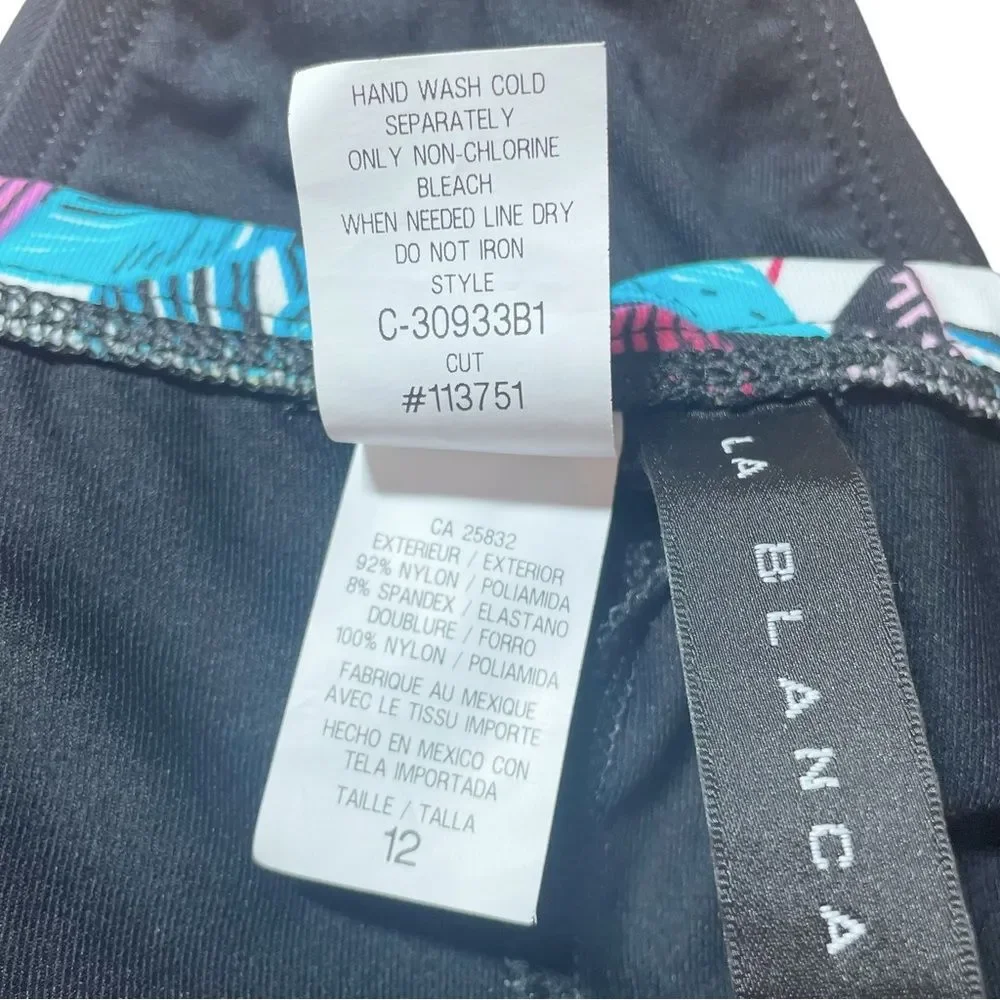 NWT La Blanca Vintage Y2K Ruched Tropical Waist Black Bikini Bottom Size 12 NEW - Picture 10 of 13